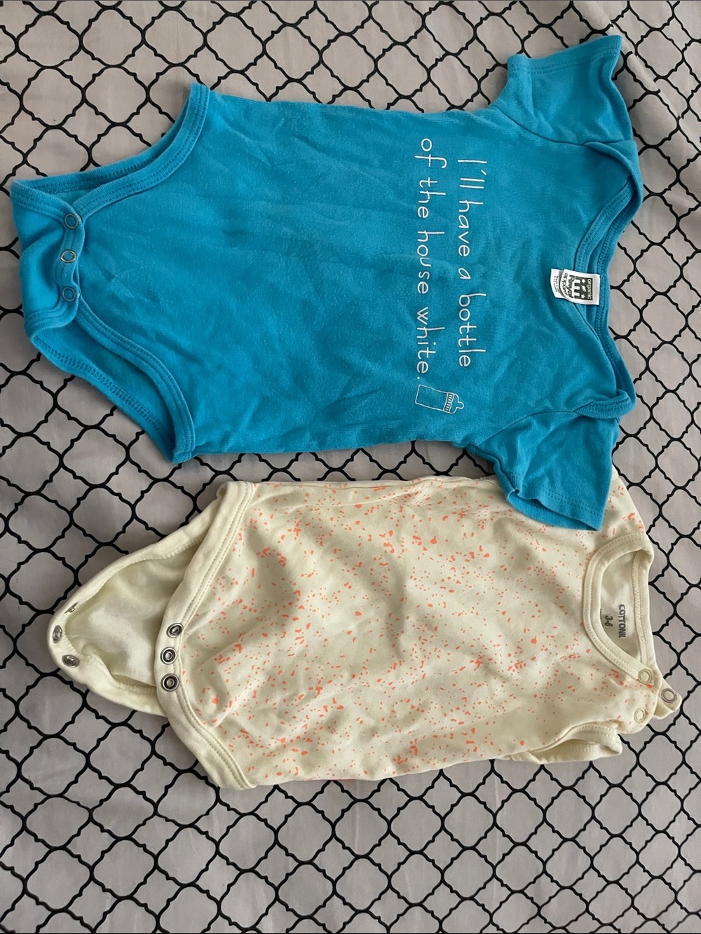 Blue Baby Onesie with White Text + Cream Speckled Onesie - Two-Pack